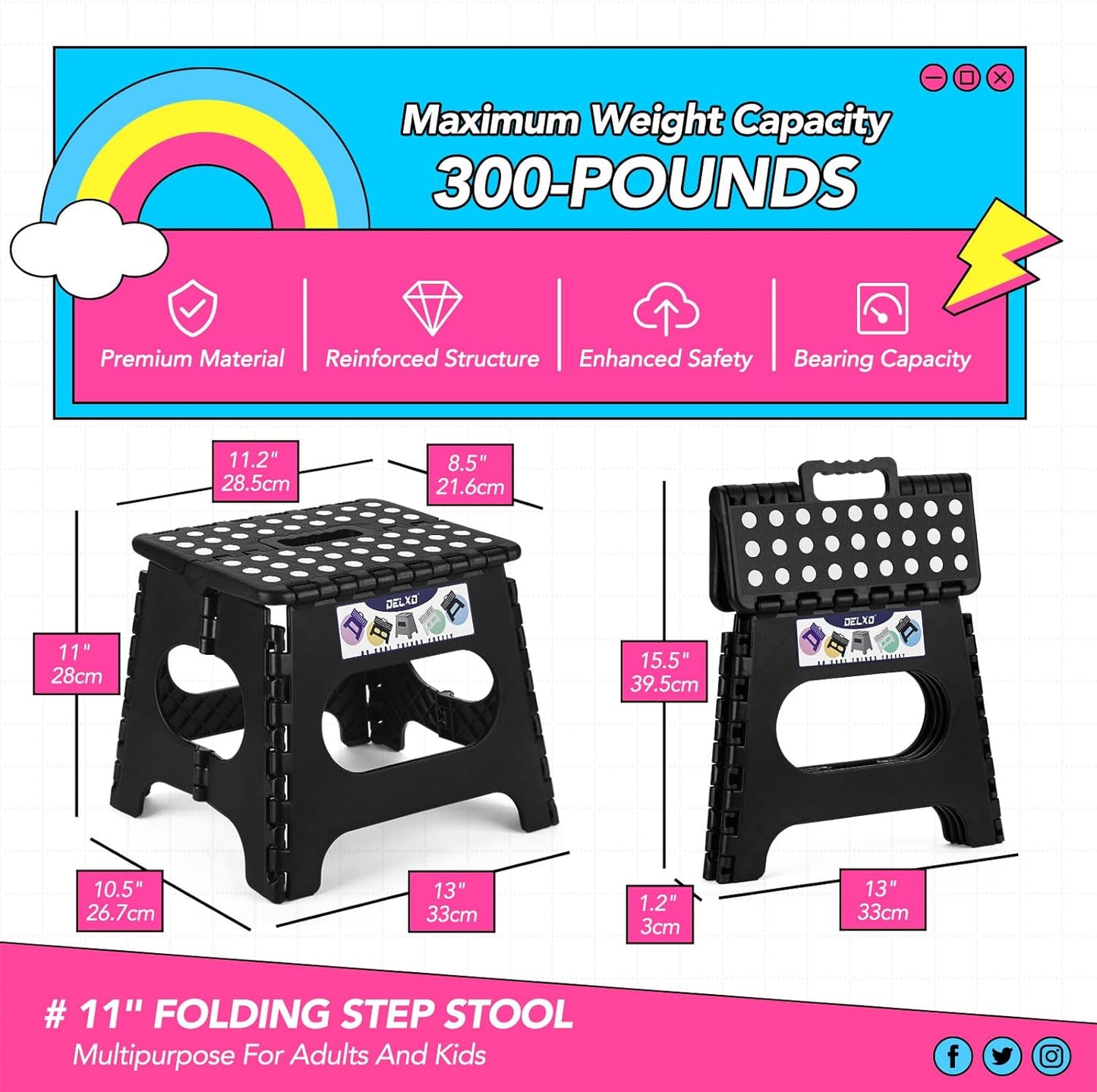 Folding Step Stool 13 Inch,300 Lbs Step Stool for Adults Black
