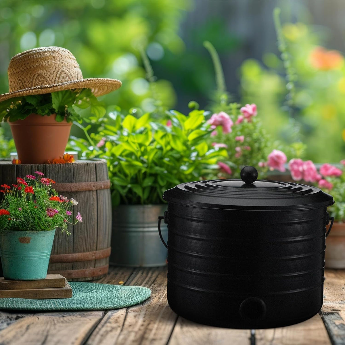 FillTouch Garden Hose Pot with Lid and Handle, Matte Black Ribbed Steel Garden Hose Holder Water Hose Storage Container for Outside Backyard Patio, Holds 100ft Hose