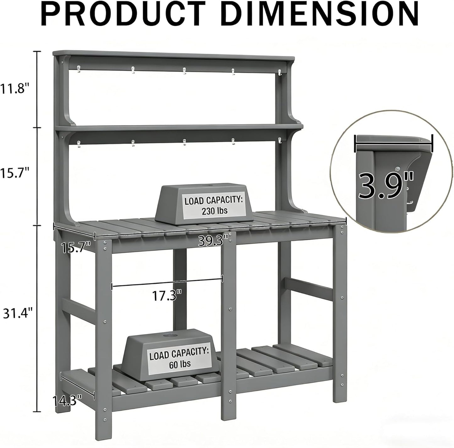 Outdoor Potting Bench with 3 Tier, All-Weather Patio Potting Table with Tool Hooks, HDPE Gardening Table for Backyard, Garden, Brown