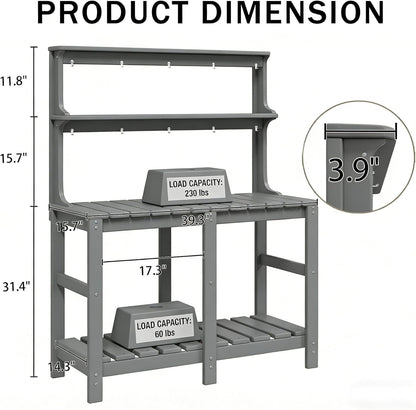 Outdoor Potting Bench with 3 Tier, All-Weather Patio Potting Table with Tool Hooks, HDPE Gardening Table for Backyard, Garden, Brown