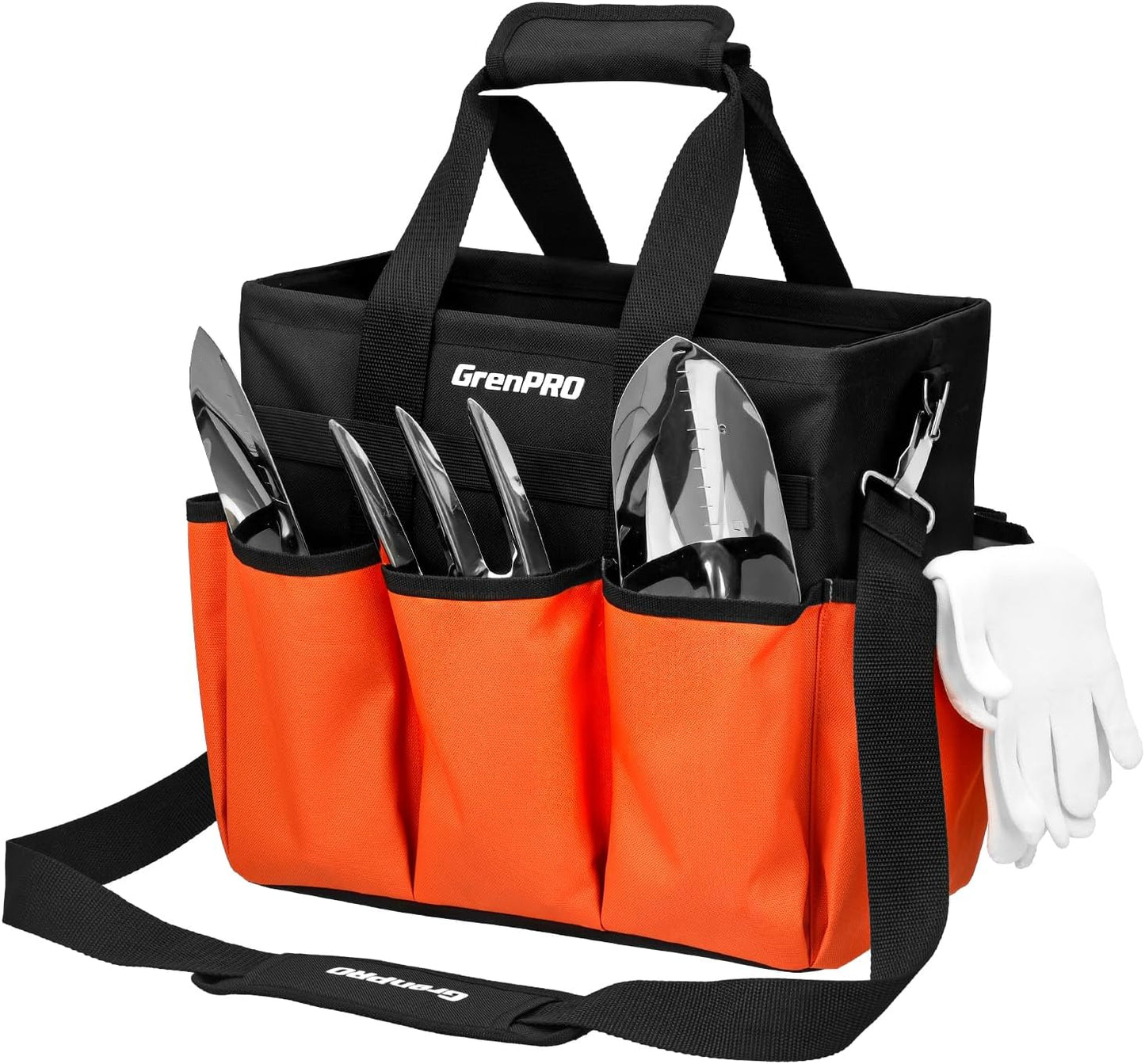 GrenPRO Garden Tool Bag Molded Bottom, Heavy Duty Tool Tote Toolbox with 10 Pockets, Reinforced & Top Snap Closure for Gardening Tools Storage, Dark Green(Tools Not Included)