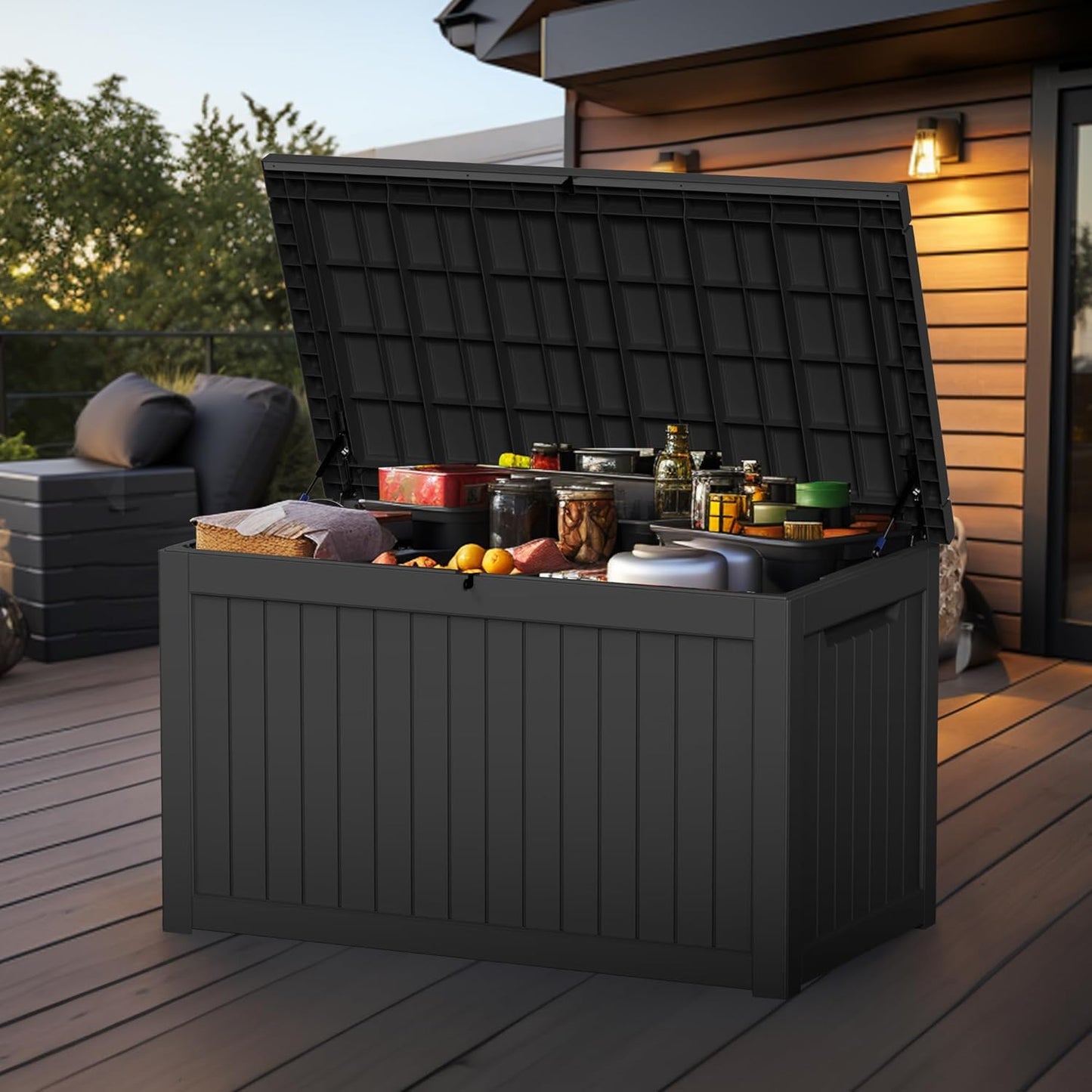 30 Gallon Outdoor Deck Box, Lockable Waterproof Outdoor Storage Boxes For Garden Tools,Indoor Cushions,Accessories Outside Storage Resin Weatherproof Container(Black)