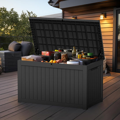 30 Gallon Outdoor Deck Box, Lockable Waterproof Outdoor Storage Boxes For Garden Tools,Indoor Cushions,Accessories Outside Storage Resin Weatherproof Container(Black)