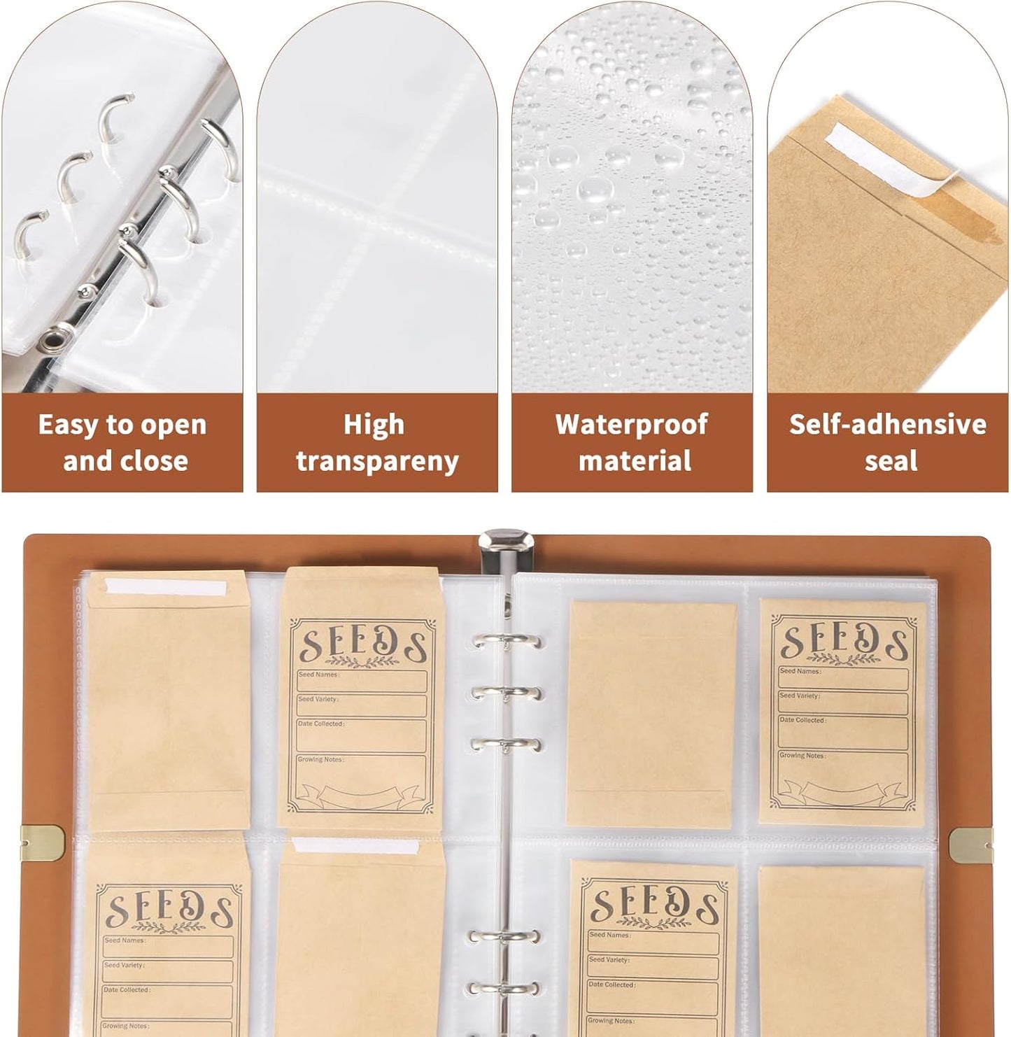 Garden Seed Storage Organizer Binder - 150 Resealable Seed Envelopes Brown Shell with 40 Sheet Protectors for Efficient Seed Packet Organization - Brown