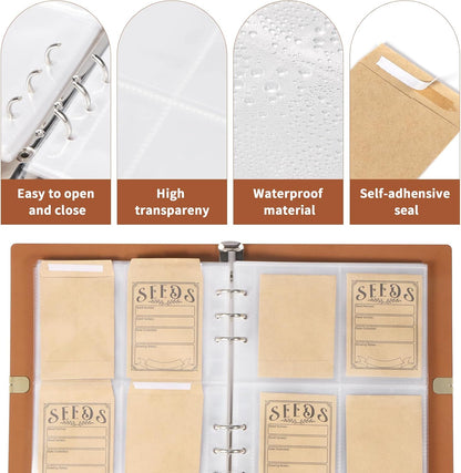 Garden Seed Storage Organizer Binder - 150 Resealable Seed Envelopes Brown Shell with 40 Sheet Protectors for Efficient Seed Packet Organization - Brown