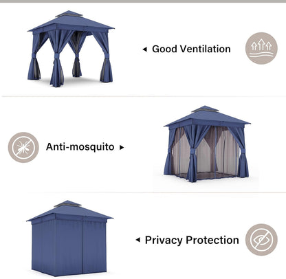 10x20 Gazebo Canopy with 100FT String Lights, Metal Heavy Duty Patio Canopy Tent with Double Roofs, Mosquito Nettings and Privacy Screens for Backyard, Garden, Lawn, Gray
