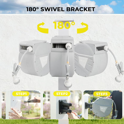 Retractable Garden Hose Reel,1/2 in x 65ft Wall Mounted Hose Reel, Optional Position Lock，Slow-Retract System，Wall Mounted，180°Swivel Bracket，Light Grey