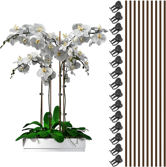 JJUNW 10 Pcs Plant Stakes for Indoor Plants, Plants Support Stakes with 15 Pcs Plant Clips, 15.75 Inch Orchid Clips for Garden Supporting Stems Vines Stalks Grow Upright Flowers Gardening