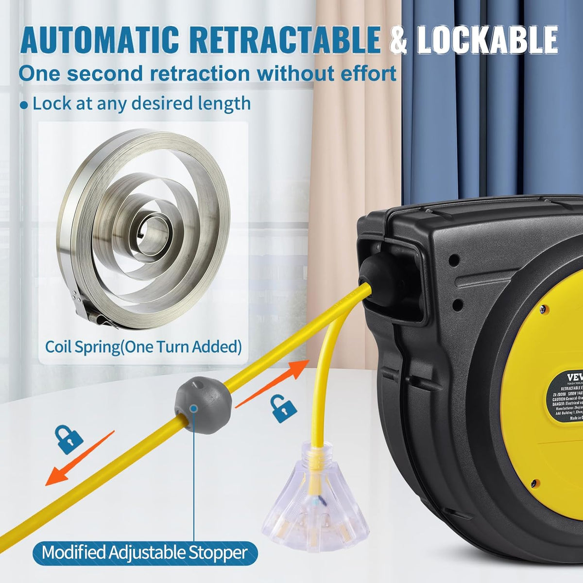 65FT Retractable Extension Cord Reel, Heavy Duty 12AWG/3C SJTOW Cord