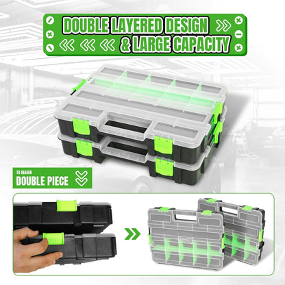 Jack Boss Tool Box with Transparent Lid, Double Side 34-Compartments Organizer Box with Removable Dividers for Hardware, Screws, Bolts, Nails, Beads, Jewelry and Fishing Accessories, Orange, 2 Pack