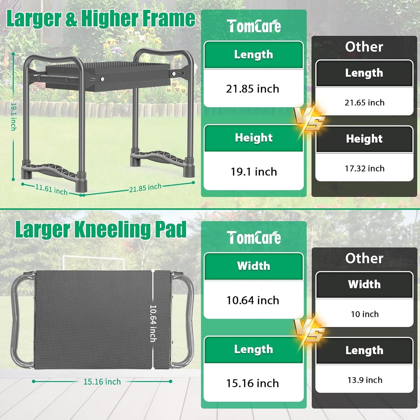 TomCare Garden Kneeler and Seat 10.64” Wider Larger Soft Kneeling Pad Garden Bench with 2 Large Tool Pouches Heavy Duty Garden Stool Foldable Tools Gardening Gifts for Women Men Gardeners