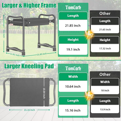 TomCare Garden Kneeler and Seat 10.64” Wider Larger Soft Kneeling Pad Garden Bench with 2 Large Tool Pouches Heavy Duty Garden Stool Foldable Tools Gardening Gifts for Women Men Gardeners