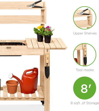 Best Choice Products Mobile Garden Potting Bench, Outdoor Wood Workstation Table w/Sliding Tabletop, 4 Locking Wheels, Food Grade Dry Sink, Storage Shelves - Sage Green