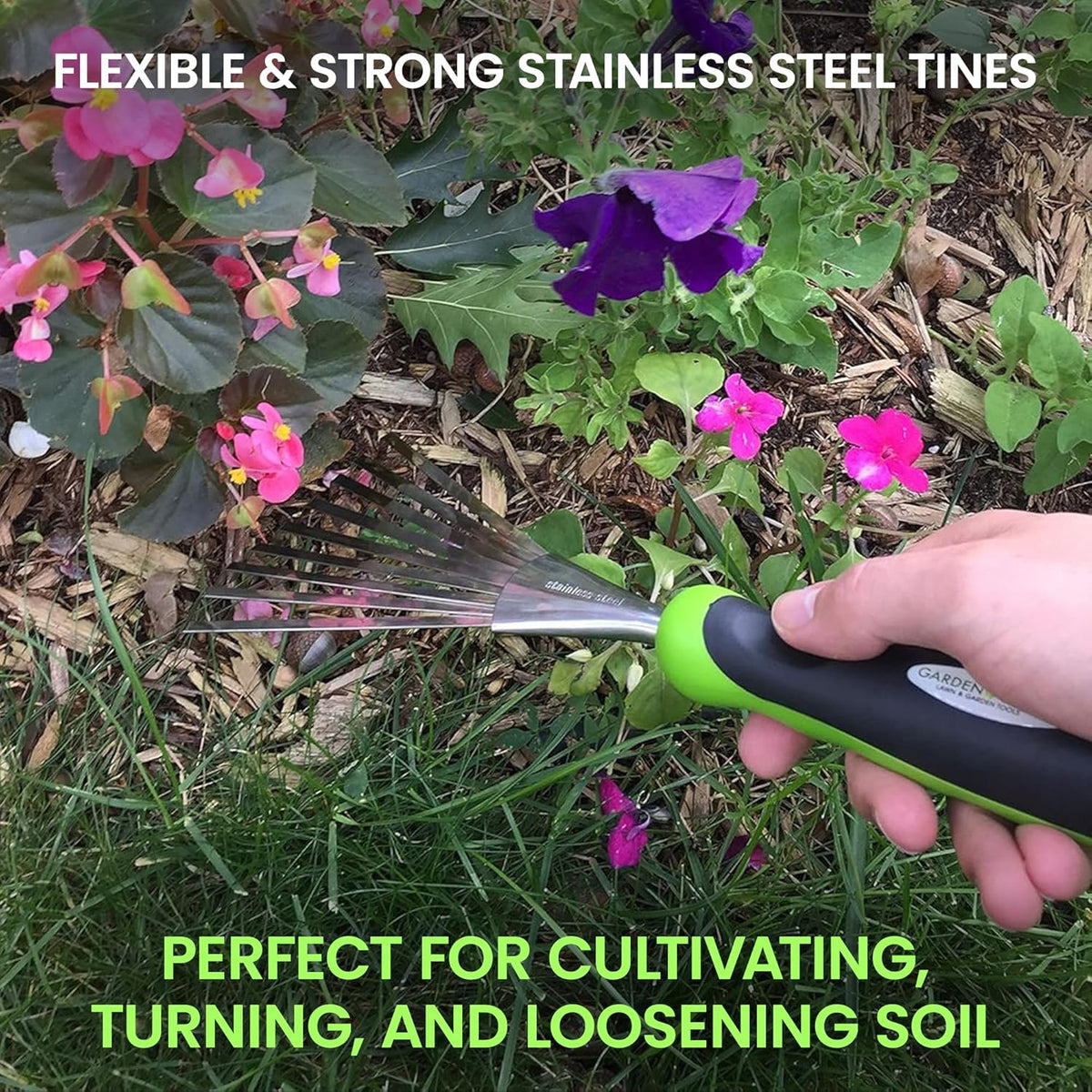 Stainless Steel Hand Rake Soil Tiller with Ergonomic Handle, Great for Gardening, Cultivating, Loosening Soil & Spreading Mulch, Raking Flower Beds