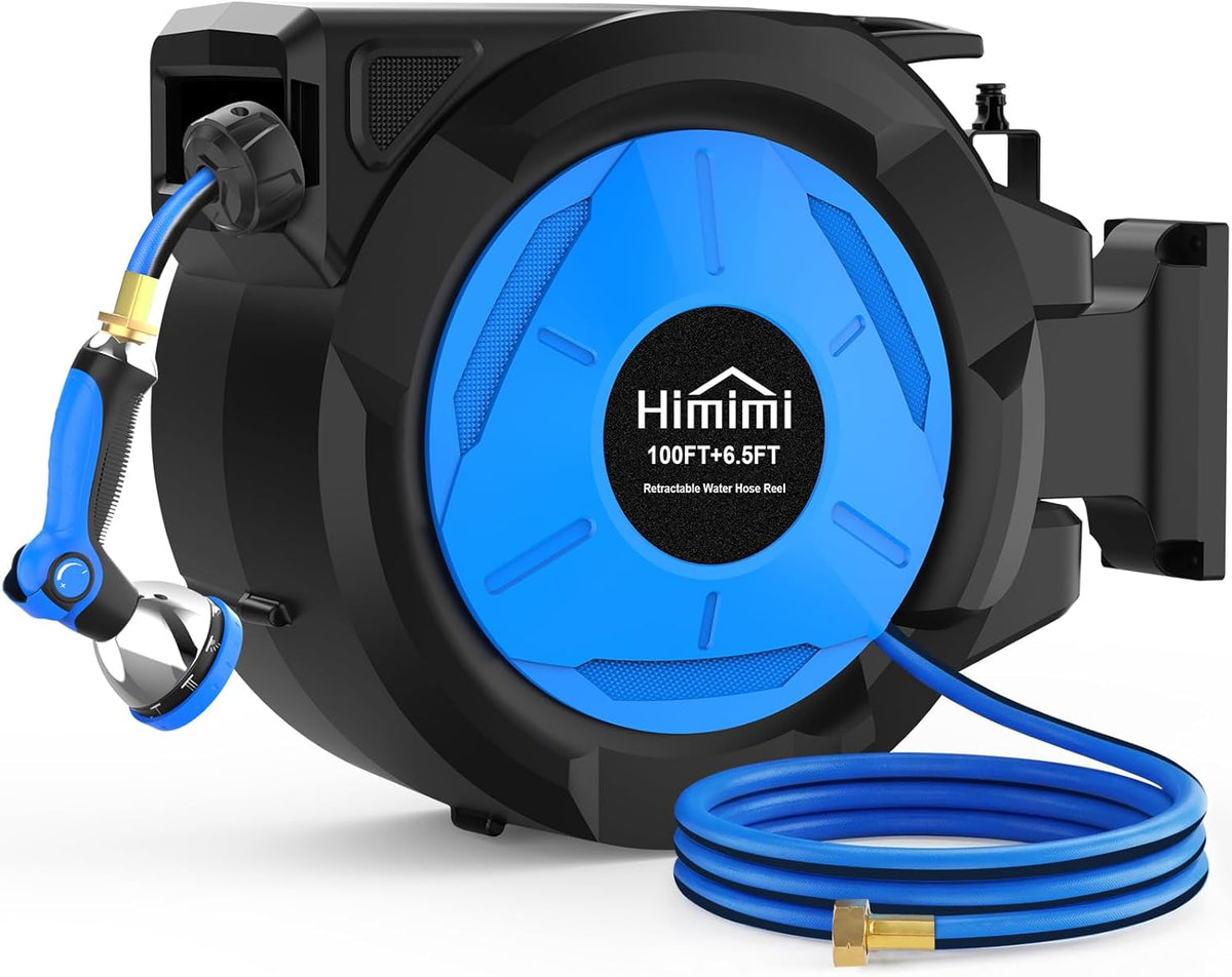 Retractable Garden Hose Reel, 5/8" x 90FT Automatic Retractable Water Hose Reel Wall Mount, with 10- Function Sprayer Nozzle, Any Length Lock/Auto Rewind/180°Swivel