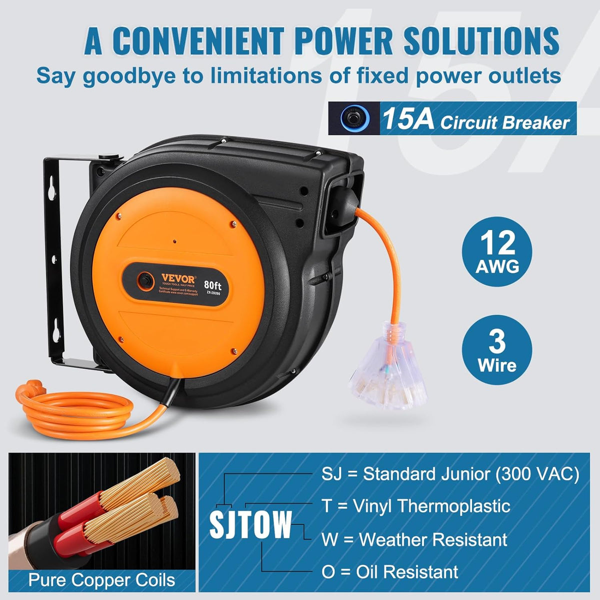 65FT Retractable Extension Cord Reel, Heavy Duty 12AWG/3C SJTOW Cord