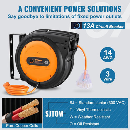 65FT Retractable Extension Cord Reel, Heavy Duty 12AWG/3C SJTOW Cord