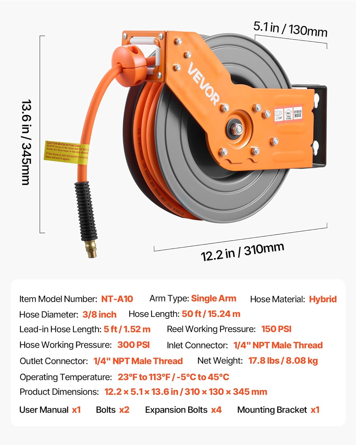 VEVOR Retractable Air Hose Reel, 3/8IN x 100FT Rubber Air Hose Max 300PSI, Air Compressor Hose Reel Auto-Rewind with 5FT Lead in, Ceiling/Wall Mount Heavy Duty Single Arm Steel Reel, 1/4" NPT Fitting