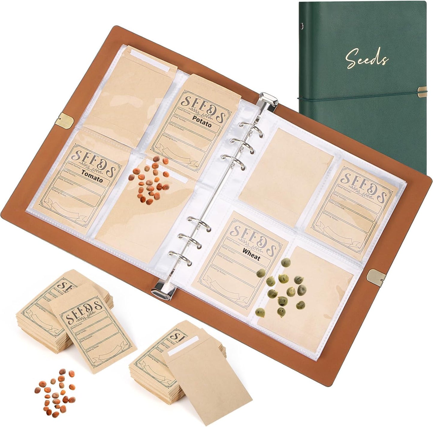 Garden Seed Storage Organizer Binder - 150 Resealable Seed Envelopes Brown Shell with 40 Sheet Protectors for Efficient Seed Packet Organization - Brown