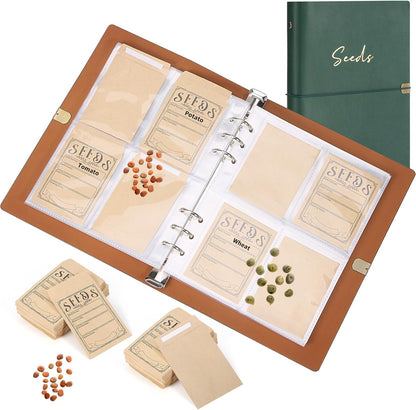Garden Seed Storage Organizer Binder - 150 Resealable Seed Envelopes Brown Shell with 40 Sheet Protectors for Efficient Seed Packet Organization - Brown