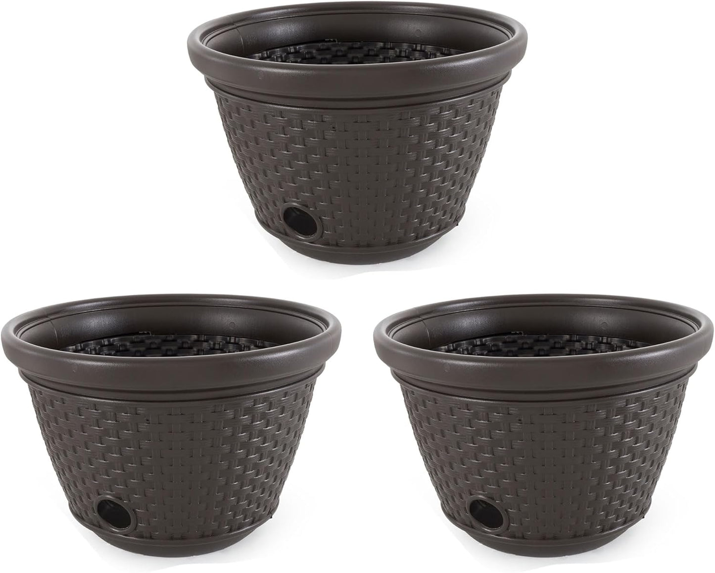 Suncast 3 Pack Decorative Wicker Garden Hose Holder Pot with 4 Drain Holes for 100 Foot Hoses, Java
