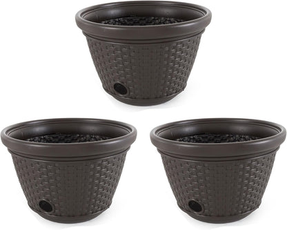 Suncast 3 Pack Decorative Wicker Garden Hose Holder Pot with 4 Drain Holes for 100 Foot Hoses, Java