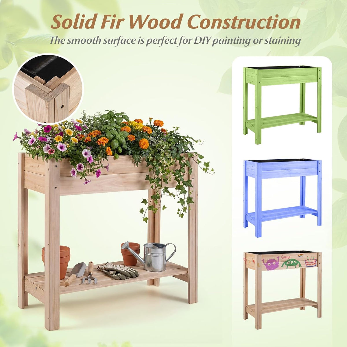 Giantex Wood Raised Garden Bed w/Folding Drop-Leaf Potting Table, Planter Box for Flower Herb Vegetable Fruit, Indoor Outdoor Elevated Raised Beds for Gardening, Backyard, Patio, Balcony