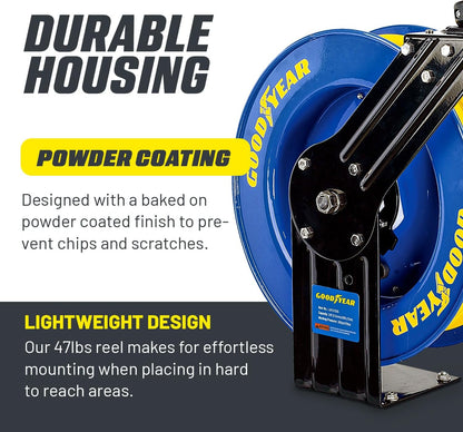 Goodyear Air Hose Reel Retractable 3/8" Inch x 50' Foot SBR Rubber Hose Max 300PSI Heavy Duty Industrial Steel Single Arm Construction