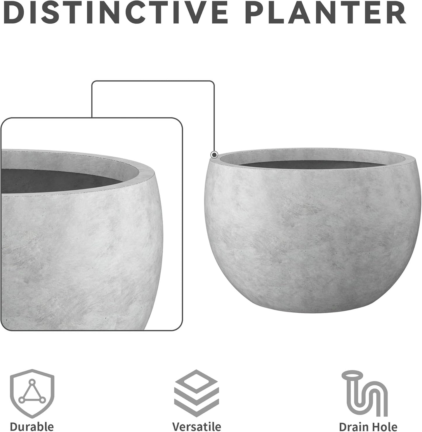 Large Round Bowl Vintage BRN Concrete Planter 19.9" Dia, Outdoor