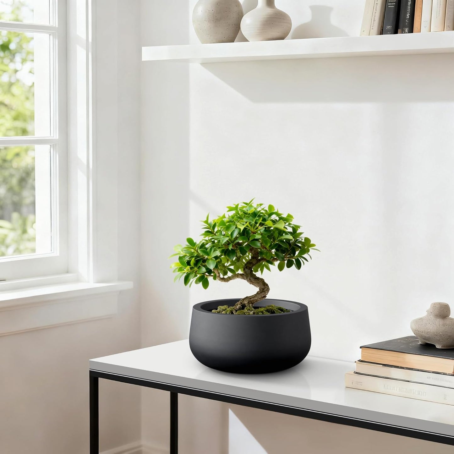 Kante 15.7" Dia Round Concrete Planter, Outdoor Indoor Garden Plant Pots with Drainage Hole and Rubber Plug, Modern Curvaceous Design, Slate Gray