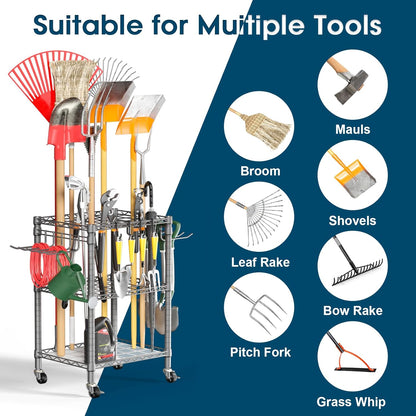T1 Garden Tool Organizer（With Lockable Wheels）Heavy Duty Garage Tool Storage for Yard，Shed，Outdoor and Lawn，Freestanding Tool Organizers and Storage UP to 50 Tools，Black with Anti-Tip Device