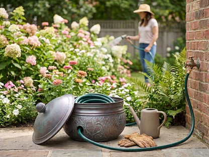 Good Directions Cypress Hose Pot with Lid, Blue Verde, Holds up to 200' of Hose