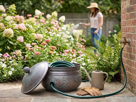 Good Directions Cypress Hose Pot with Lid, Blue Verde, Holds up to 200' of Hose