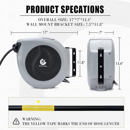 Air Hose Reel Retractable 3/8 in. x 50 ft Hybrid Polymer Hose, Retractable Auto-Rewind Enclosed Heavy Duty 180° Swivel Mount, Max 300PSI Commerical Polypropylene Grey