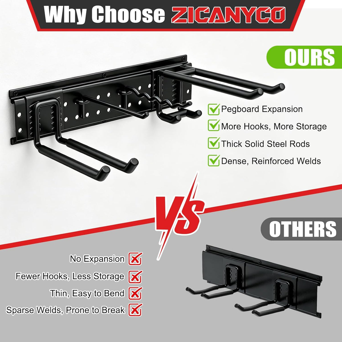 Garage Tool Organizer Wall Mount 48 inches with 10 Adjustable Heavy-Duty Hooks, Garage Organization, Garden Tool Storage Rack, Yard, and Shed, Holds Up to 400 lbs