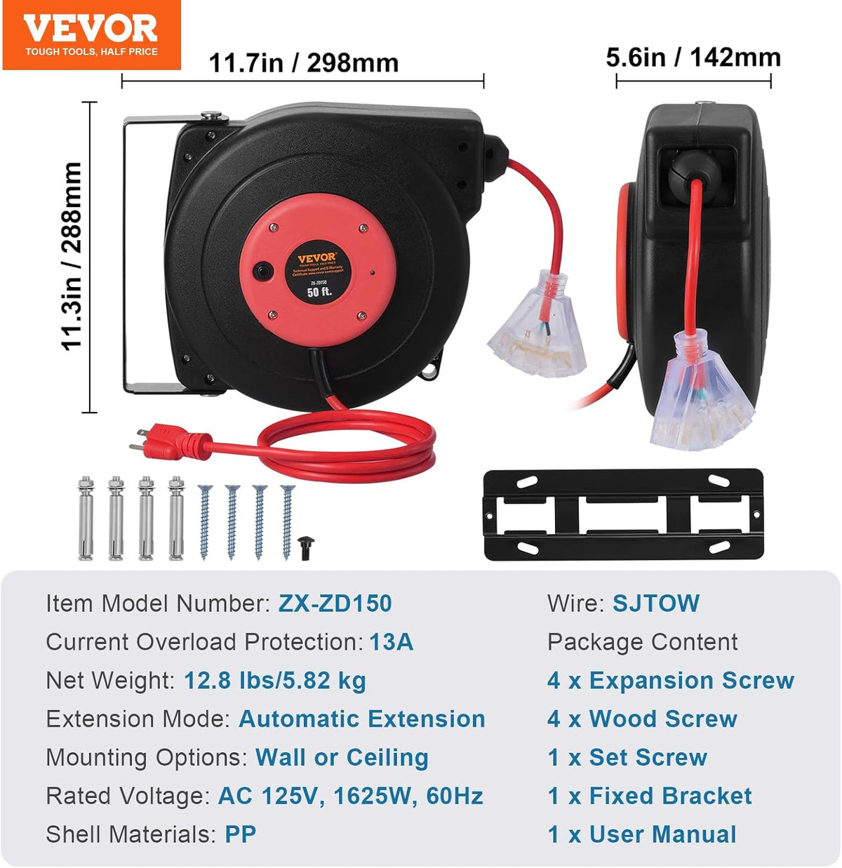 65FT Retractable Extension Cord Reel, Heavy Duty 12AWG/3C SJTOW Cord