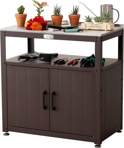 Feasto Outdoor Potting Bench with Storage, Stainless Steel Tabletop Garden Work Bench with Storage Cabinet & Removable Inner Shelf for Patio Lawn Outdoor Gardening