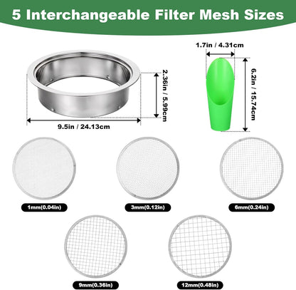 Soil Sieve Set Garden Soils Sifter Stainless Steel Mesh Sifters Compost Sifter with 1,3,6,9,12mm Sieve Mesh and Bonsai Soil Scoop