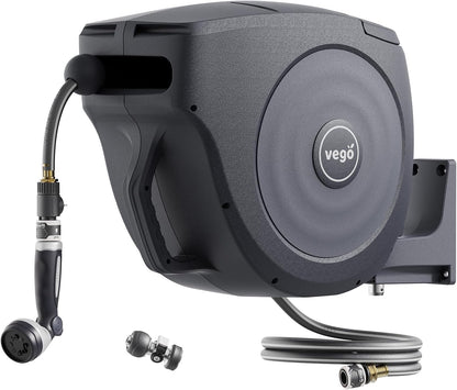 Vego Garden Hose Reel Retractable Hi-Flow Wall Mounted Hose Reel Automatic Rewind, Any Length Lock with 9 Patterns Sprayer Nozzle, Quick Connector and Adjustable shot Nozzle (Seaweed Green, 100ft)