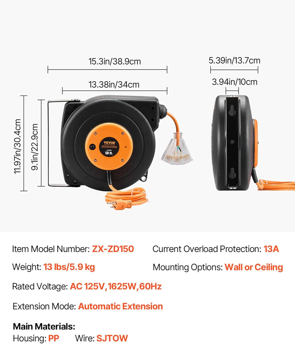 65FT Retractable Extension Cord Reel, Heavy Duty 12AWG/3C SJTOW Cord