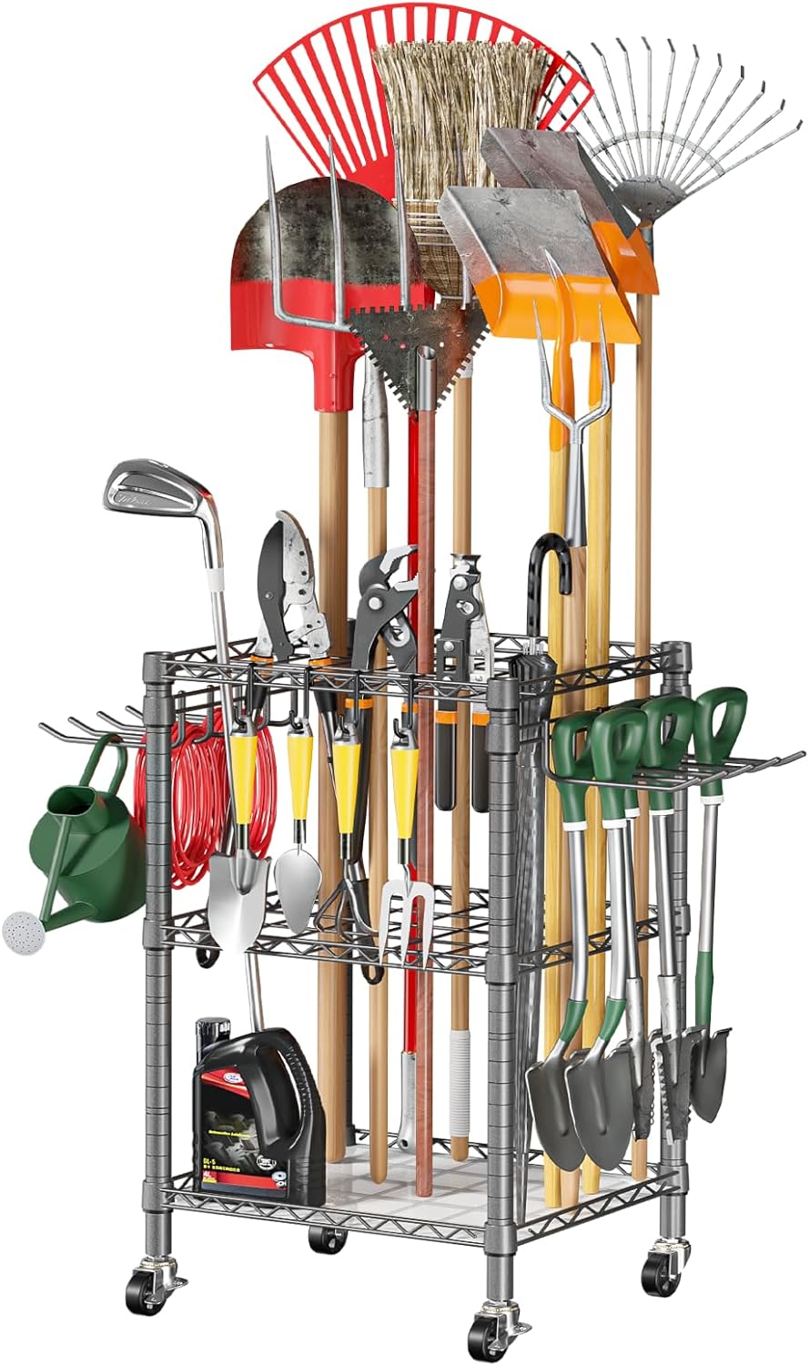 T1 Garden Tool Organizer（With Lockable Wheels）Heavy Duty Garage Tool Storage for Yard，Shed，Outdoor and Lawn，Freestanding Tool Organizers and Storage UP to 50 Tools，Black with Anti-Tip Device