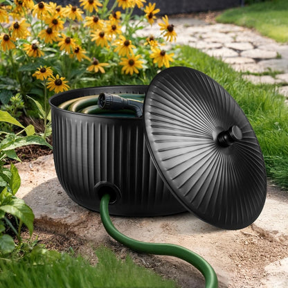 Monarch Abode Garden Hose Holder with Lid – Decorative Water Hose Holders for Outside, Ridge Embossed Metal Matte Black Pot with Drainage, 100ft Waterhose Holder for Outside, Garden Storage Caddy