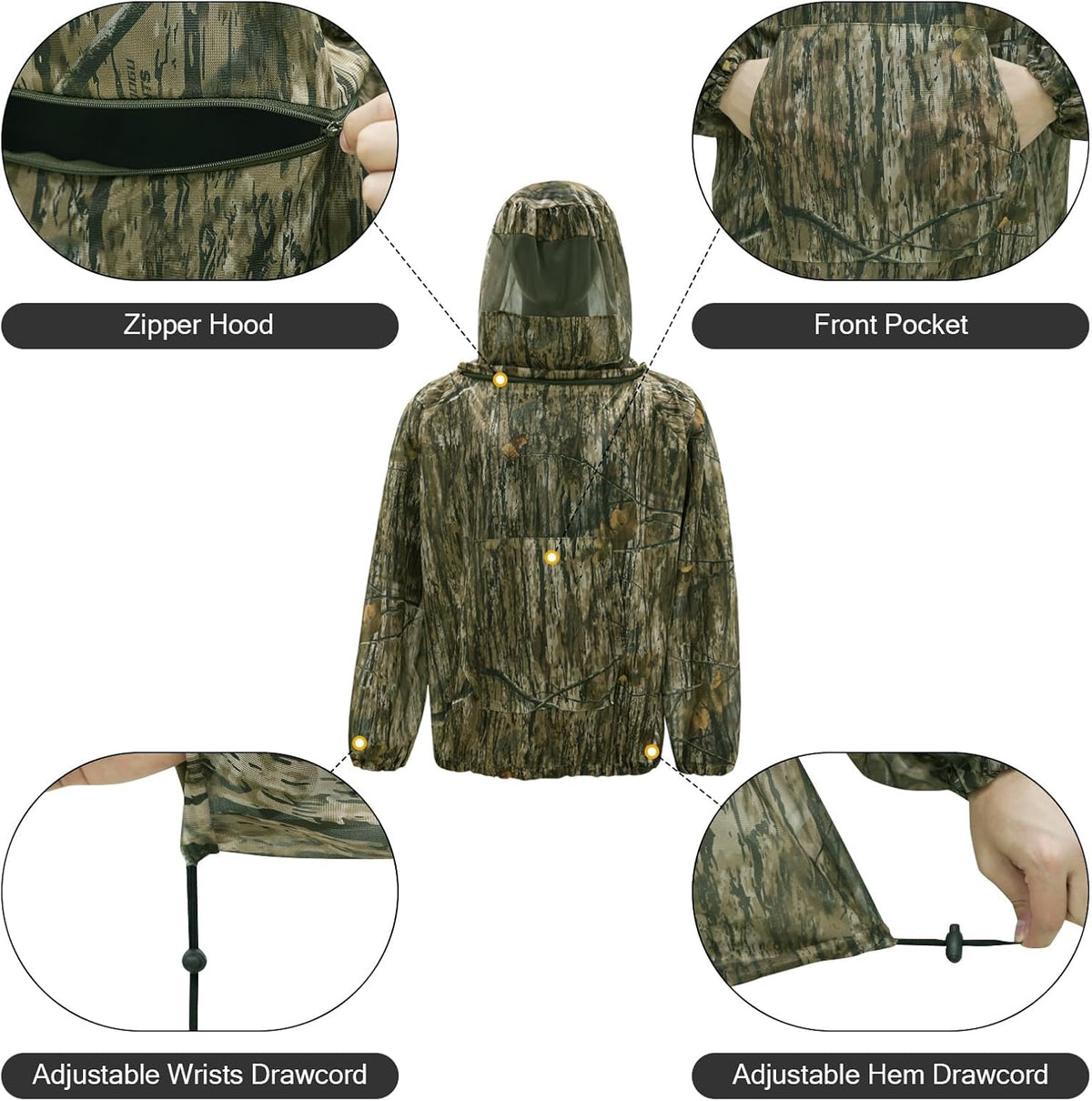 Mosquito Netting Suit Bug Net Mesh Clothing with Hood Outdoor Garden Hunting Camo Protection from Fly Insects Bugs