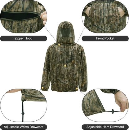 Mosquito Netting Suit Bug Net Mesh Clothing with Hood Outdoor Garden Hunting Camo Protection from Fly Insects Bugs