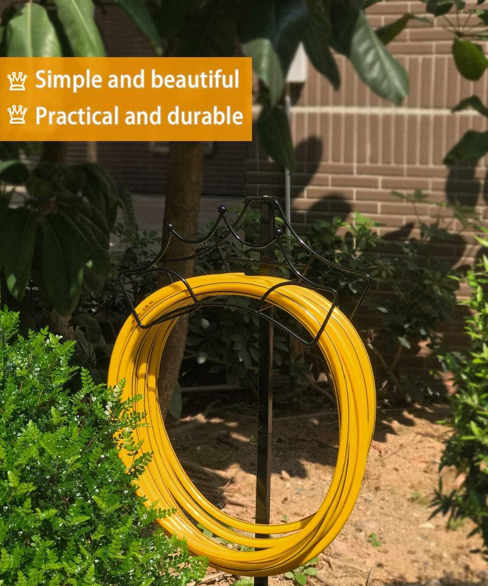 Garbuildman Garden Hose Holder with 3 Spikes, Freestanding Metal Hose Stand for Outdoor Garden, Detachable Hose Storage Rack for Lawn & Yard, Volcano Black