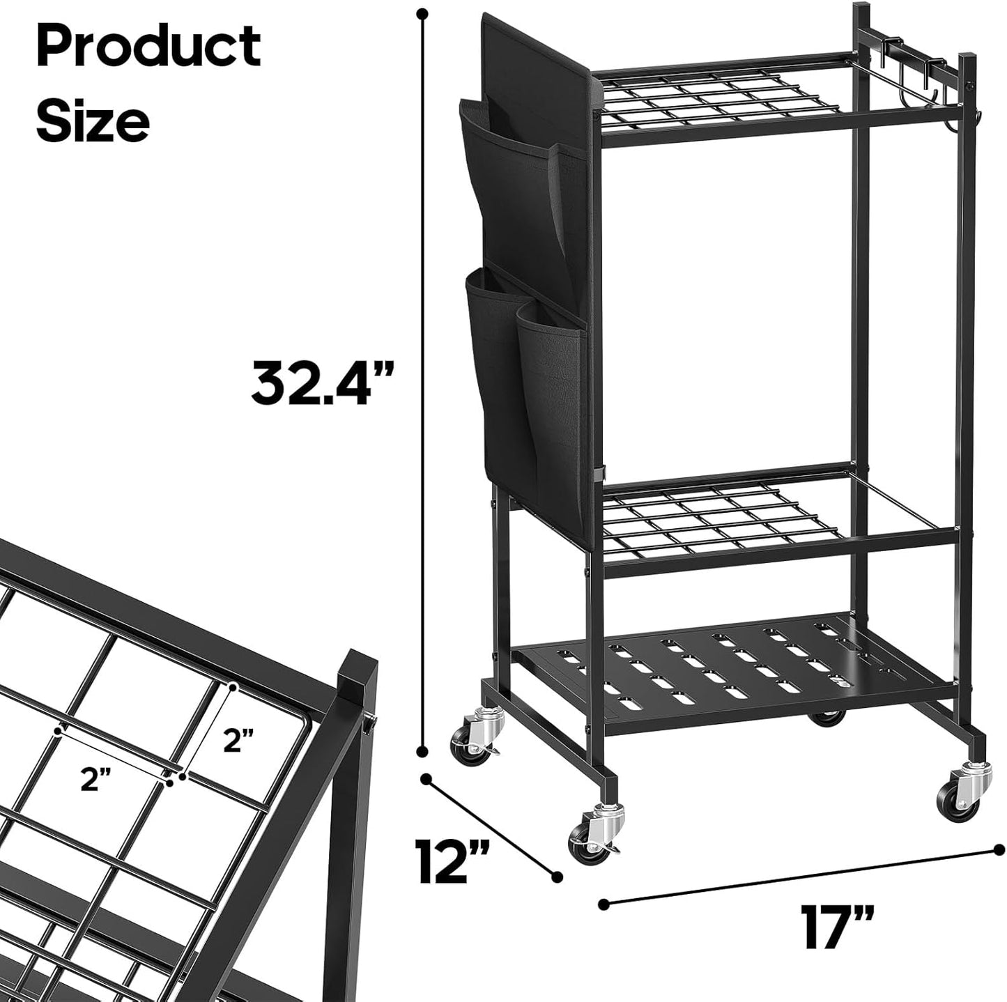 Garden Tool Organizer with Wheels, Rolling Yard Tool Tower Rack Carts for Garage Organization with Large Tool Bags with Pockets, Up to 35 Long-Handled Tools/Rakes/Brooms for Shed, Outdoor, Black