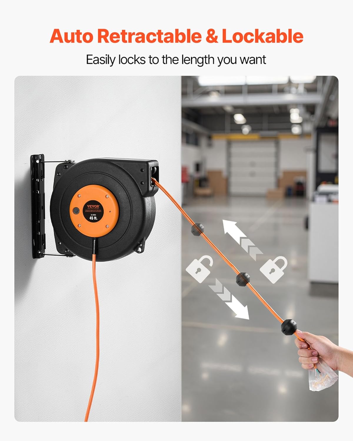 65FT Retractable Extension Cord Reel, Heavy Duty 12AWG/3C SJTOW Cord