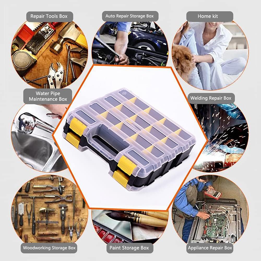 Small Parts Storage Case Tools Box Organizer Double Side 34 Compartments Hardware Organizers with Removable Plastic Dividers for Screws Nuts Nails Bolts