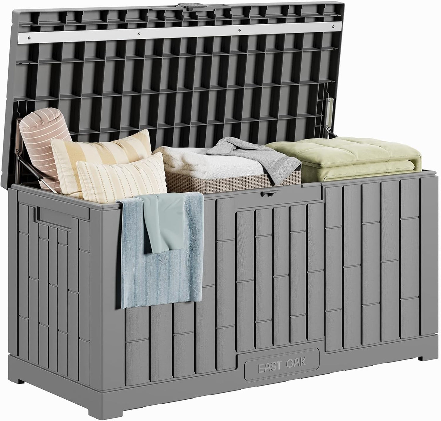 EAST OAK Outdoor Storage Box, 31 Gallon Deck Box Indoor and Outdoor Use, Waterproof Resin Storage Bin for Package Delivery, Patio Cushions, Gardening Tools, Lockable, UV Resistant, Grey