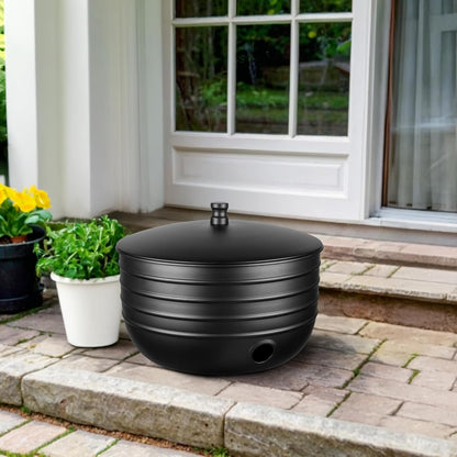 Monarch Abode Garden Hose Holder with Lid – Decorative Water Hose Holders for Outside, Border Embossed Metal Patina Pot with Drainage, 100ft Waterhose Holder for Outside, Garden Storage Caddy